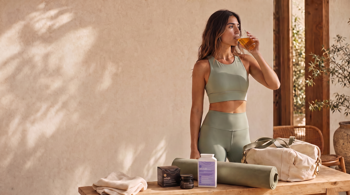 El preentrenamiento Fullpower pack junto a una estera de yoga enrollada y una bolsa de gimnasia