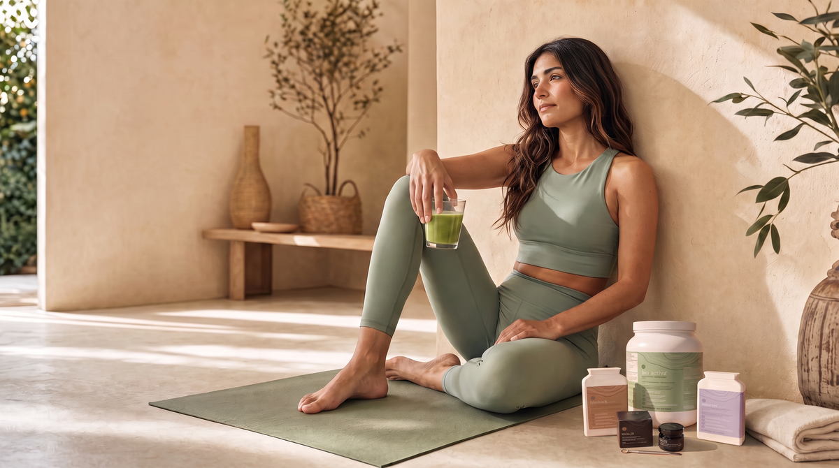 Los productos Pack Sport Performance junto a una esterilla de yoga después del entrenamiento