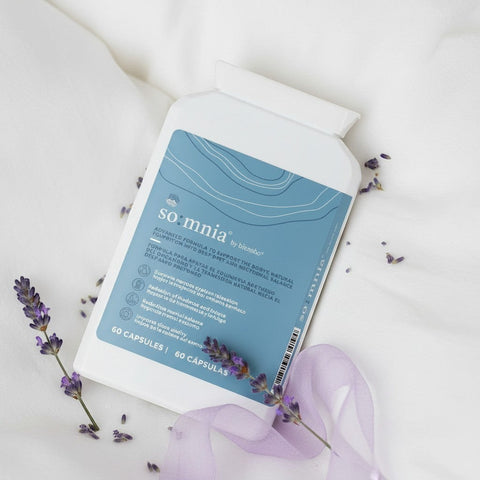 Bionobo so:mnia advanced formula sleep aid capsules with lavender sprigs and ribbon.
