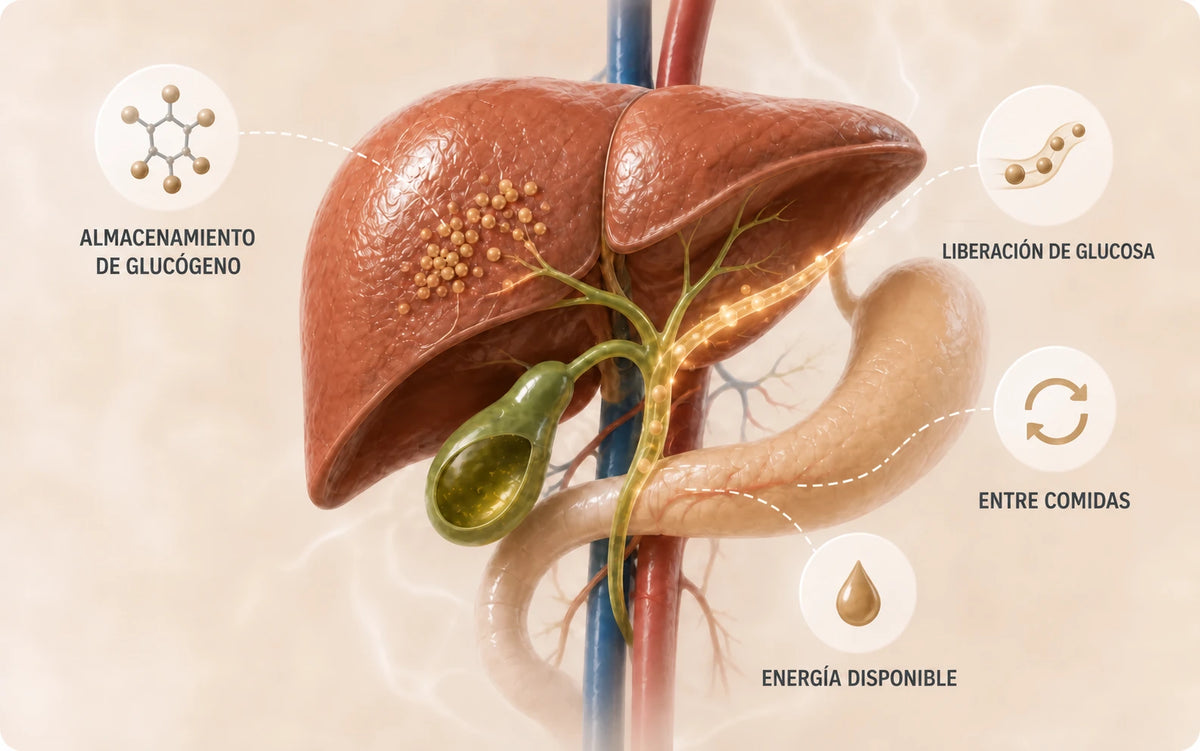 Ilustración tridimensional del hígado y la vesícula que muestra el almacenamiento de glucógeno, la liberación de glucosa entre comidas y la energía disponible.