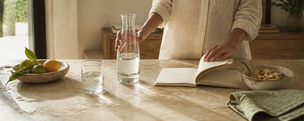 Una mesa matinal tranquila con agua, cítricos, una comida sencilla y una guía abierta