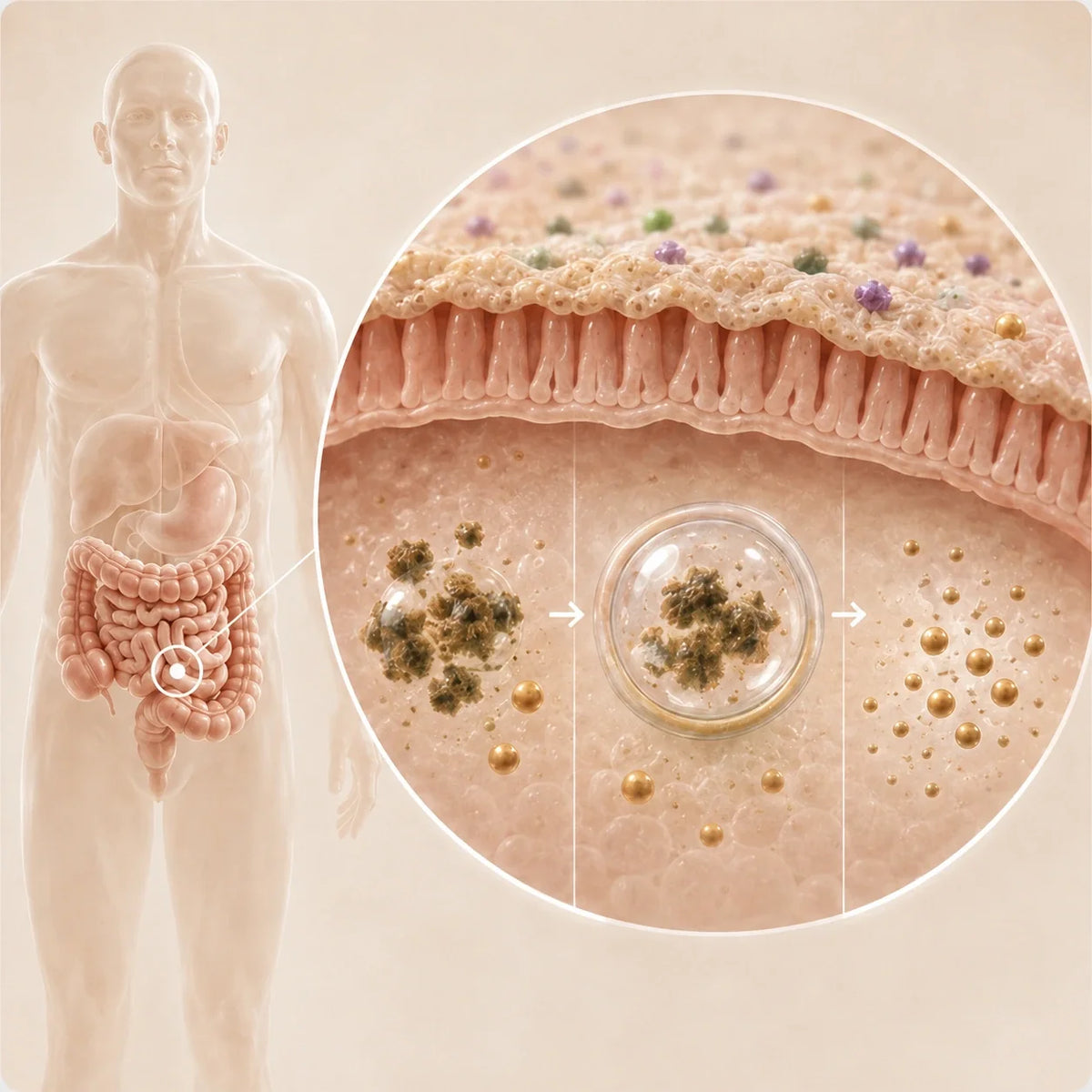 Una figura humana translúcida junto a una ilustración intestinal ampliada que muestra material dañado siendo encerrado y reciclado.