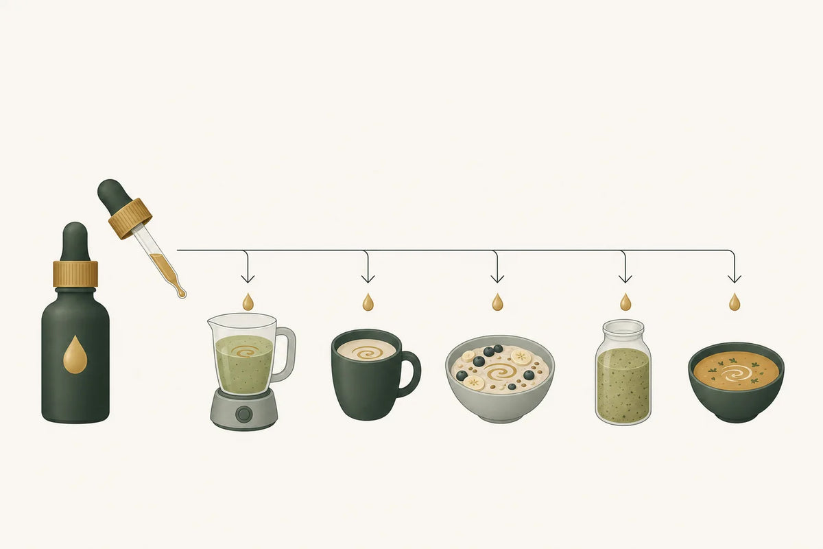 Five measured mineral droplets are mixed separately into a smoothie, warm drink, breakfast bowl, salad dressing and soup.