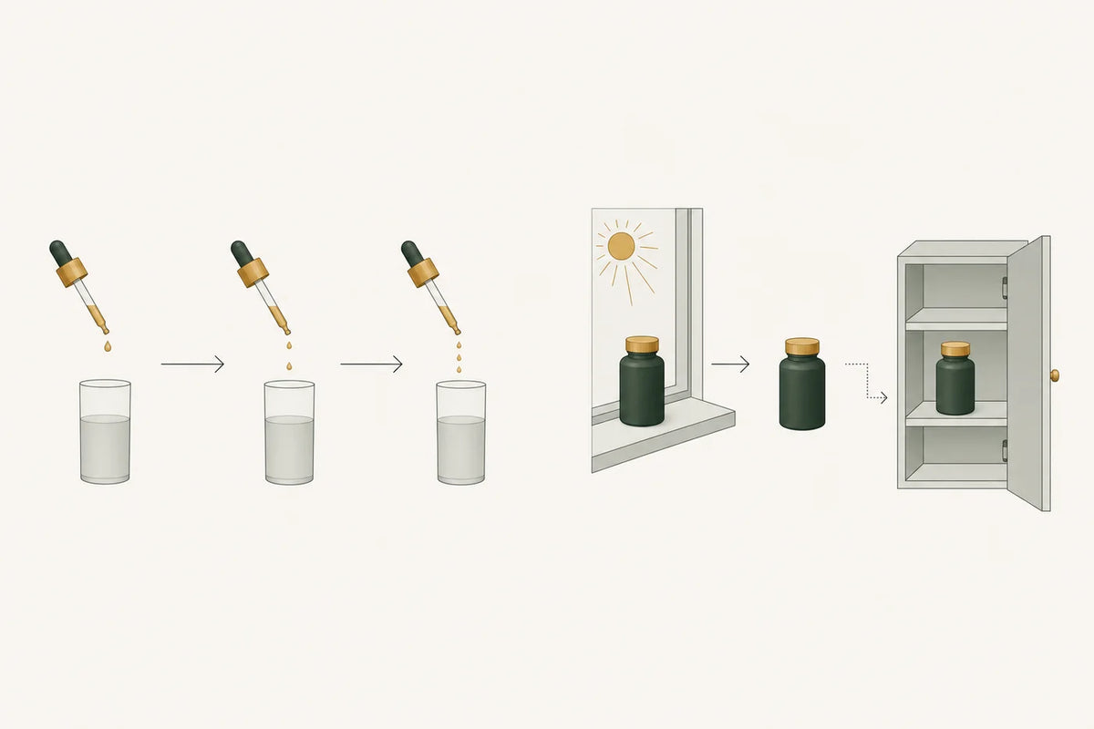 A dropper progresses from one drop to a few in a glass, while a capped bottle is moved from a sunny sill into a closed cupboard.