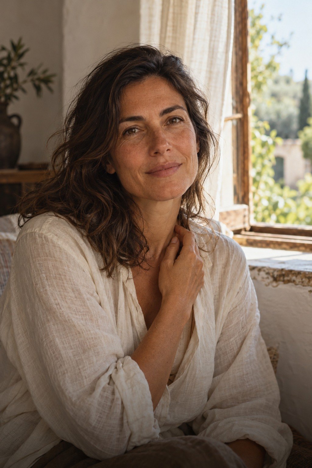 A woman sitting by a window, hand on her chest, looking calm