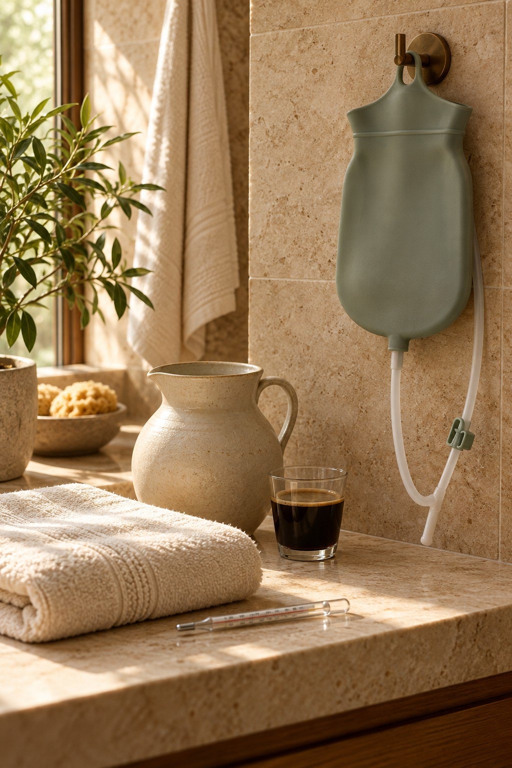 Una bolsa de enema colgada en un baño de piedra, junto a una jarra, una toalla y un vaso de café