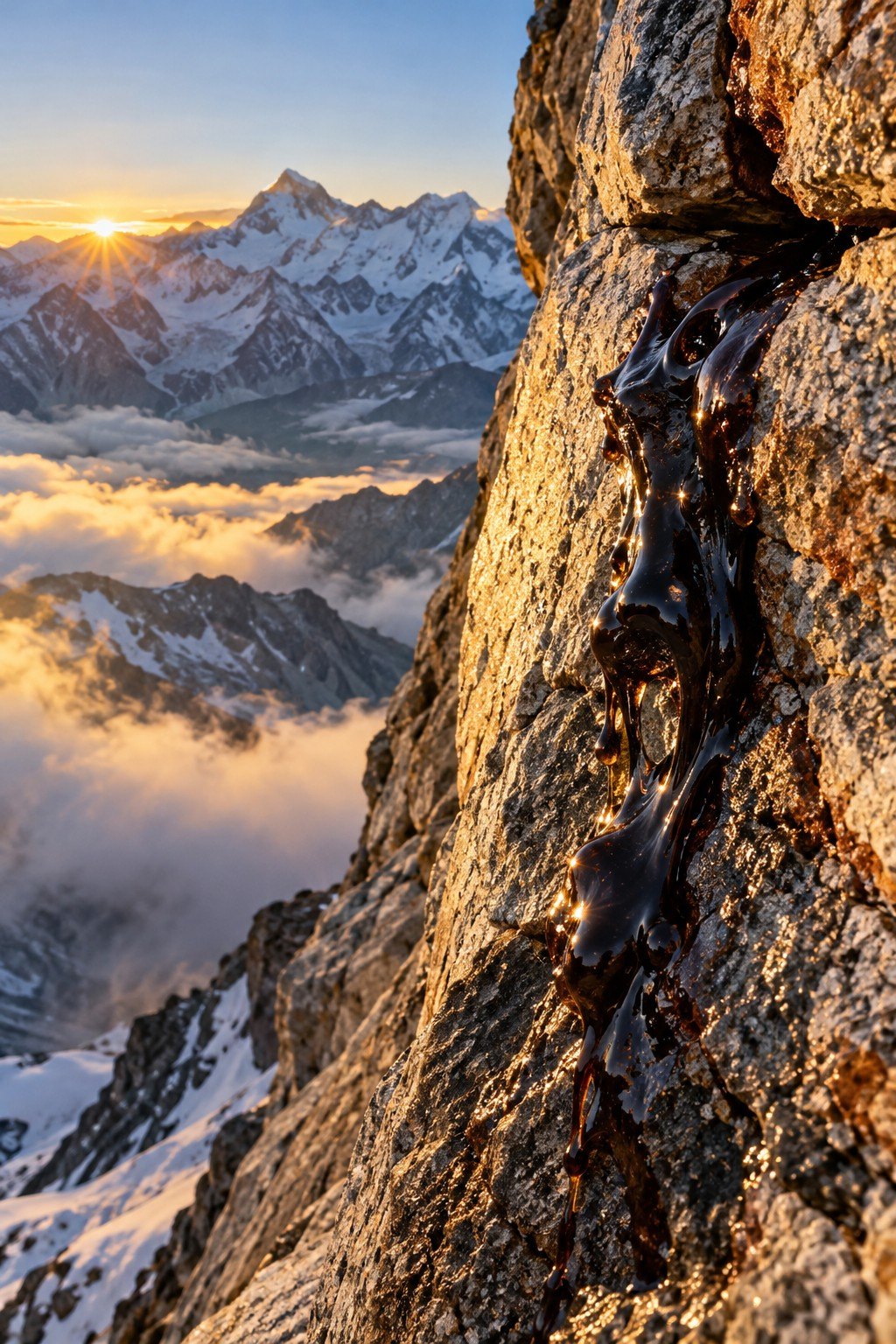 Resina oscura asomando entre las grietas de una pared de roca, con cumbres nevadas al amanecer