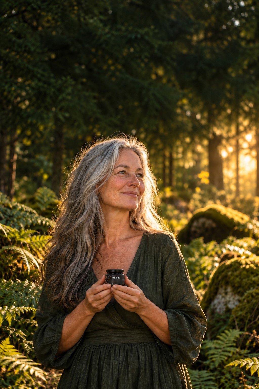 Una mujer de pelo gris sonríe en el bosque al atardecer con un tarro de shilajit en las manos