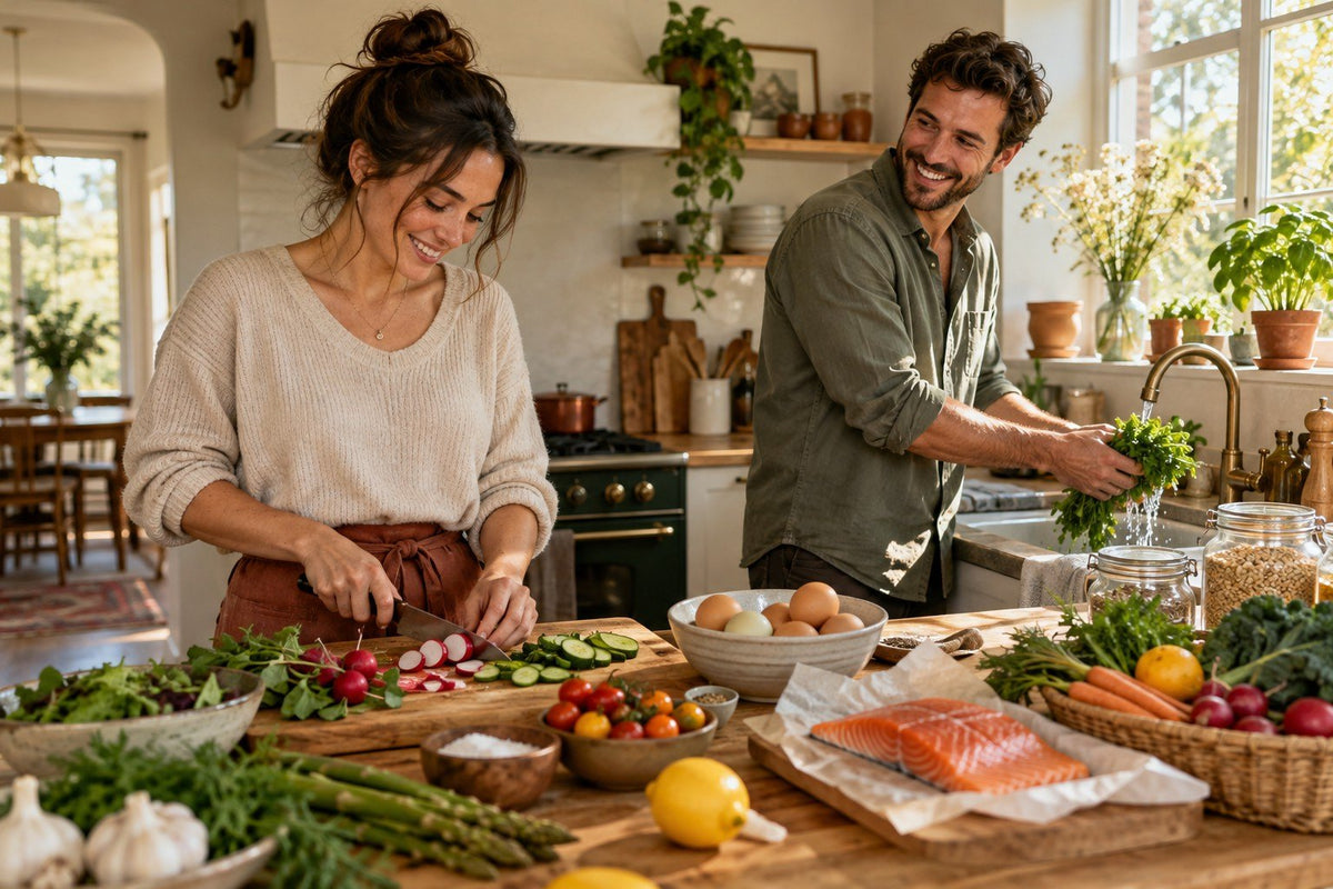 A couple cooking with fresh vegetables and fish in a bright kitchen