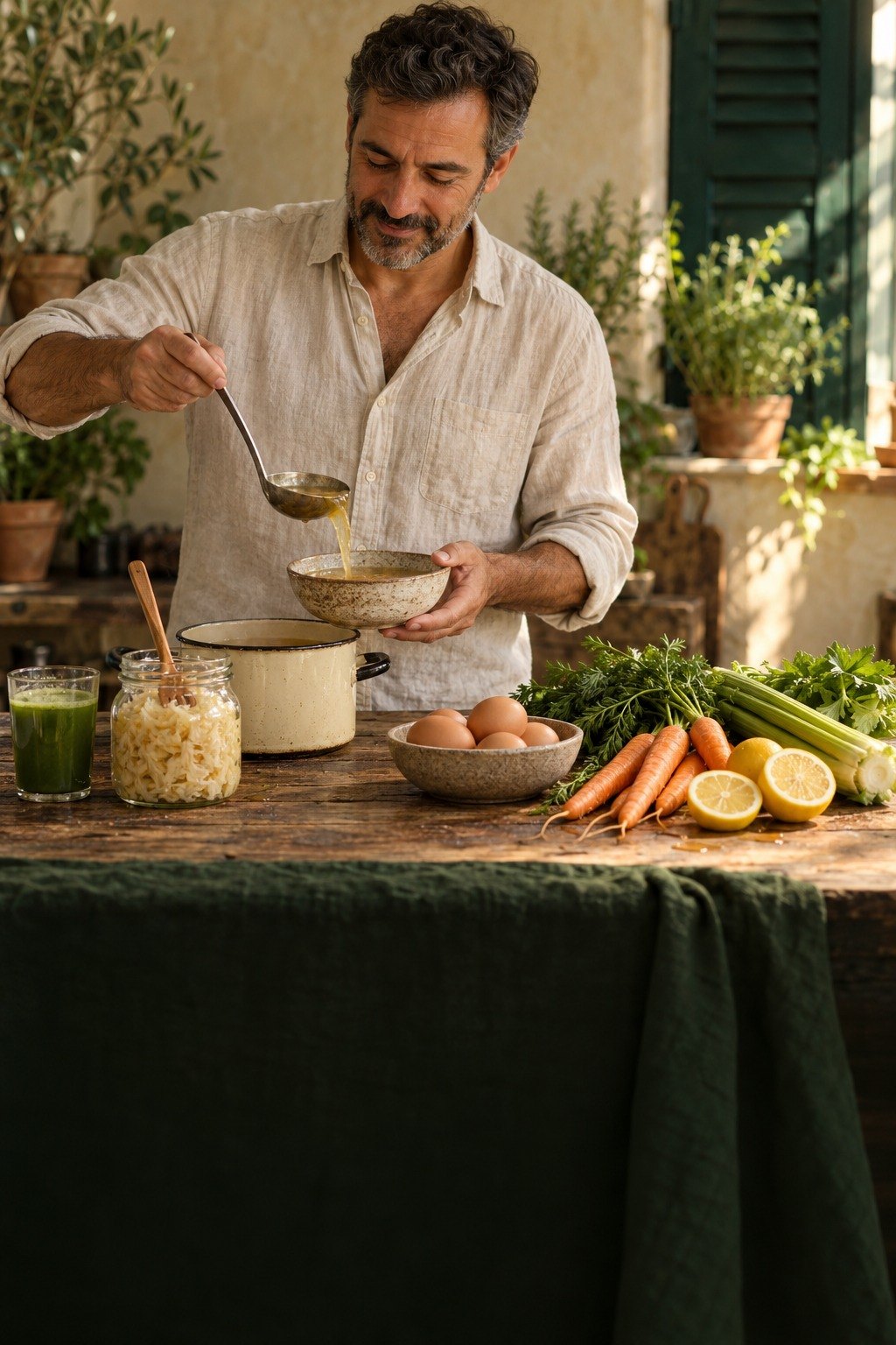 A man serving broth at a table with vegetables, eggs and ferments