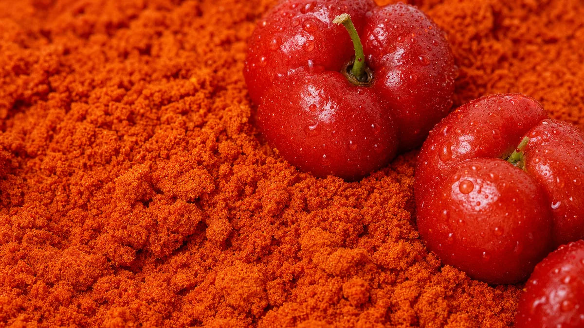 Una macro cercana de polvo de acerola rojo anaranjado con cerezas de acerola enteras y brillantes