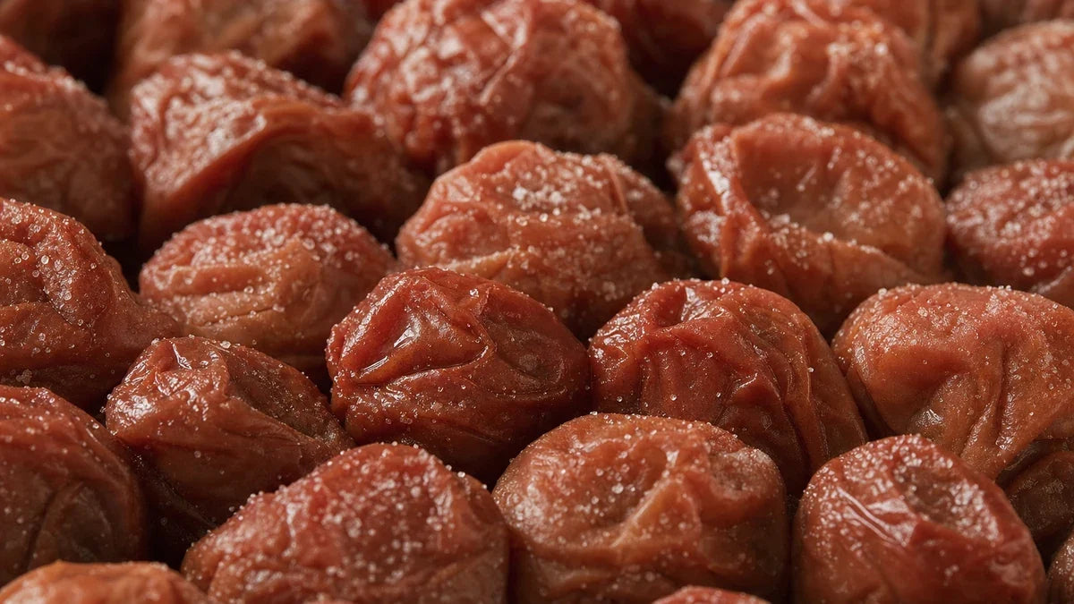 Una macro cercana de ciruela umeboshi