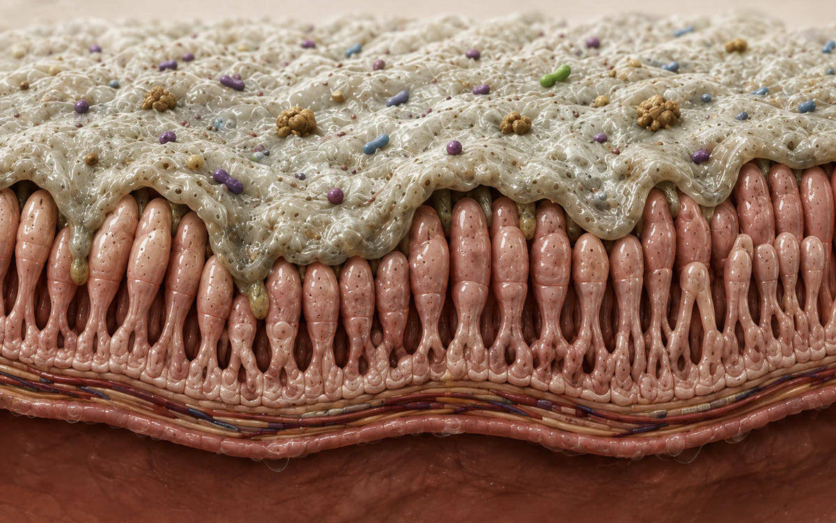 Un revestimiento intestinal comprometido con una gruesa capa superficial de color gris amarillento, partículas atrapadas, estructuras epiteliales irregulares y tejido más oscuro debajo.