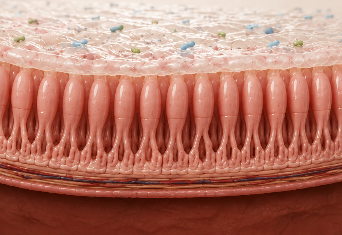 Un revestimiento intestinal sano con una capa mucosa translúcida de color rosa pálido, escasos microbios azules y verdes, estructuras epiteliales ordenadas y tejido intacto debajo.
