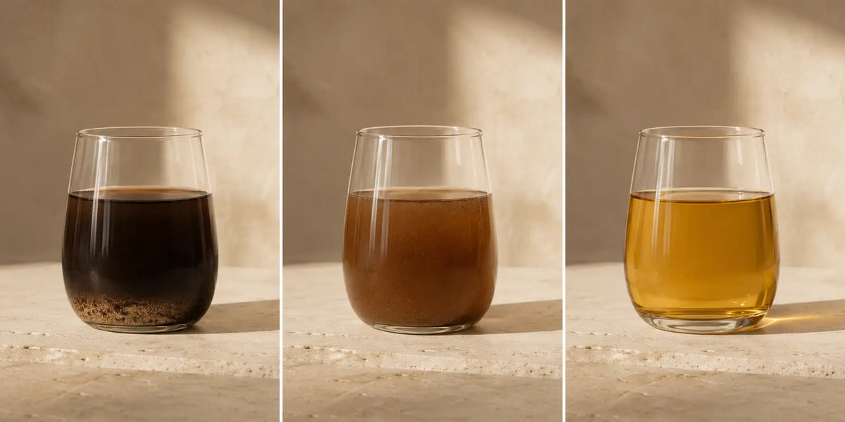 Tres vasos con las fracciones de solubilidad negra, marrón y dorada que distinguen la humina, el ácido húmico y el ácido fúlvico.