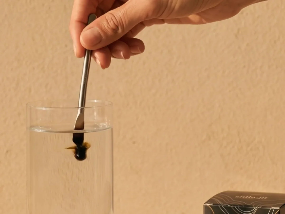 Golden Shilajit resina que se disuelve en agua clara antes de que una mujer beba el ritual del mineral dorado.