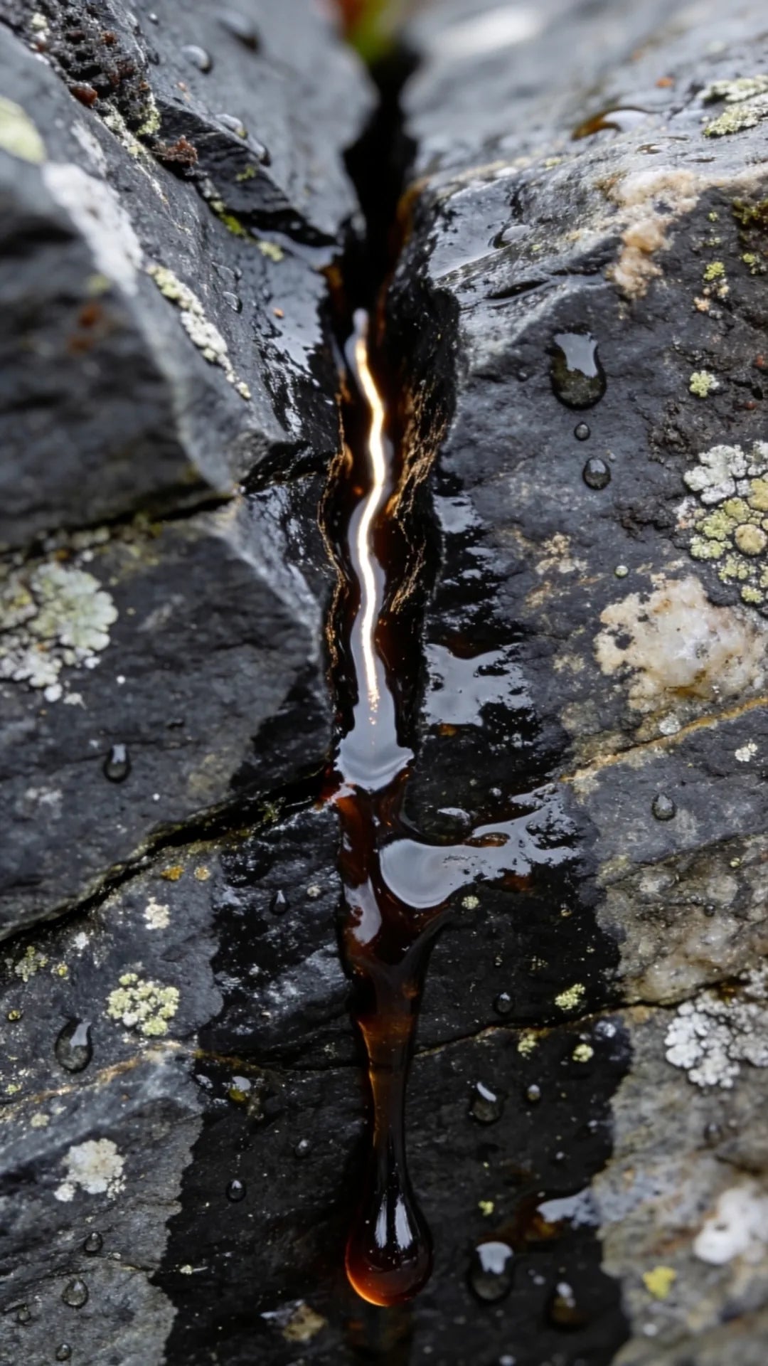Resina de shilajit que brota de una grieta en una roca de alta montaña.