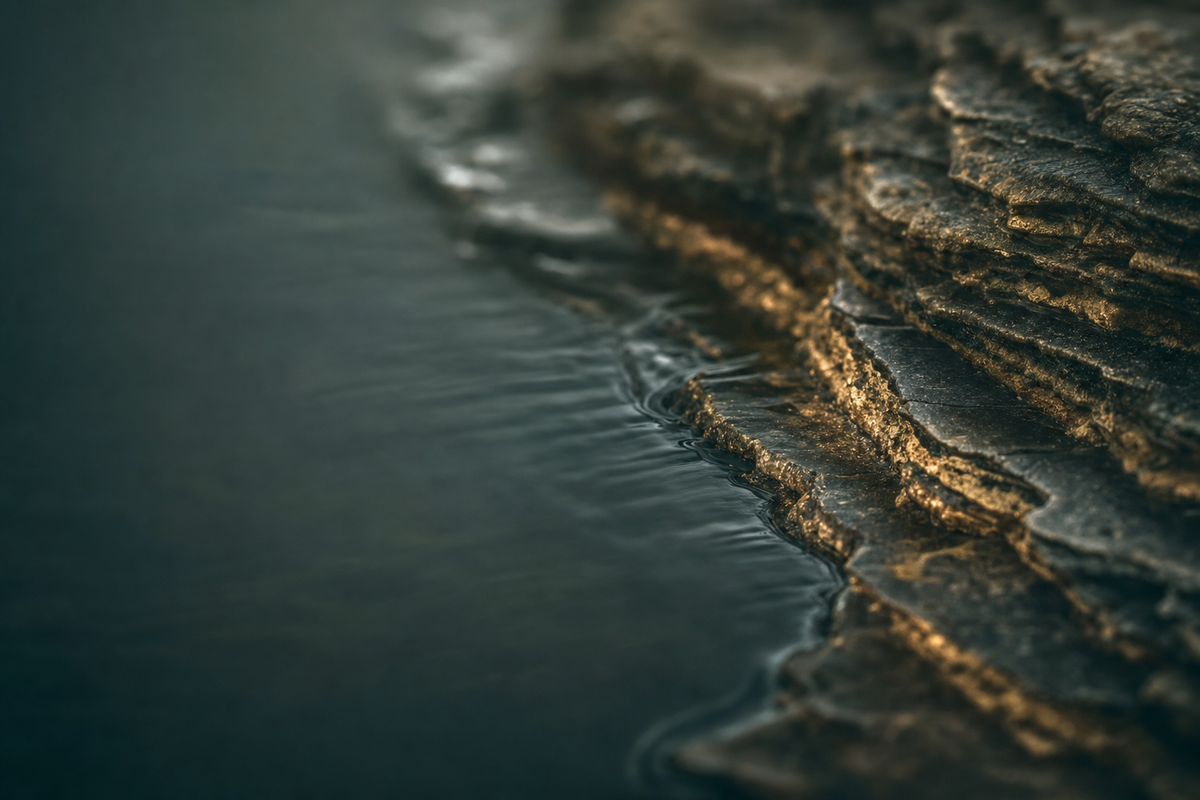 Roca prehistórica estratificada en contacto con agua, que representa humatos sellados y transformados a lo largo del tiempo geológico.