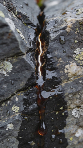 Primer plano de resina de shilajit dorado en una grieta natural de la roca.
